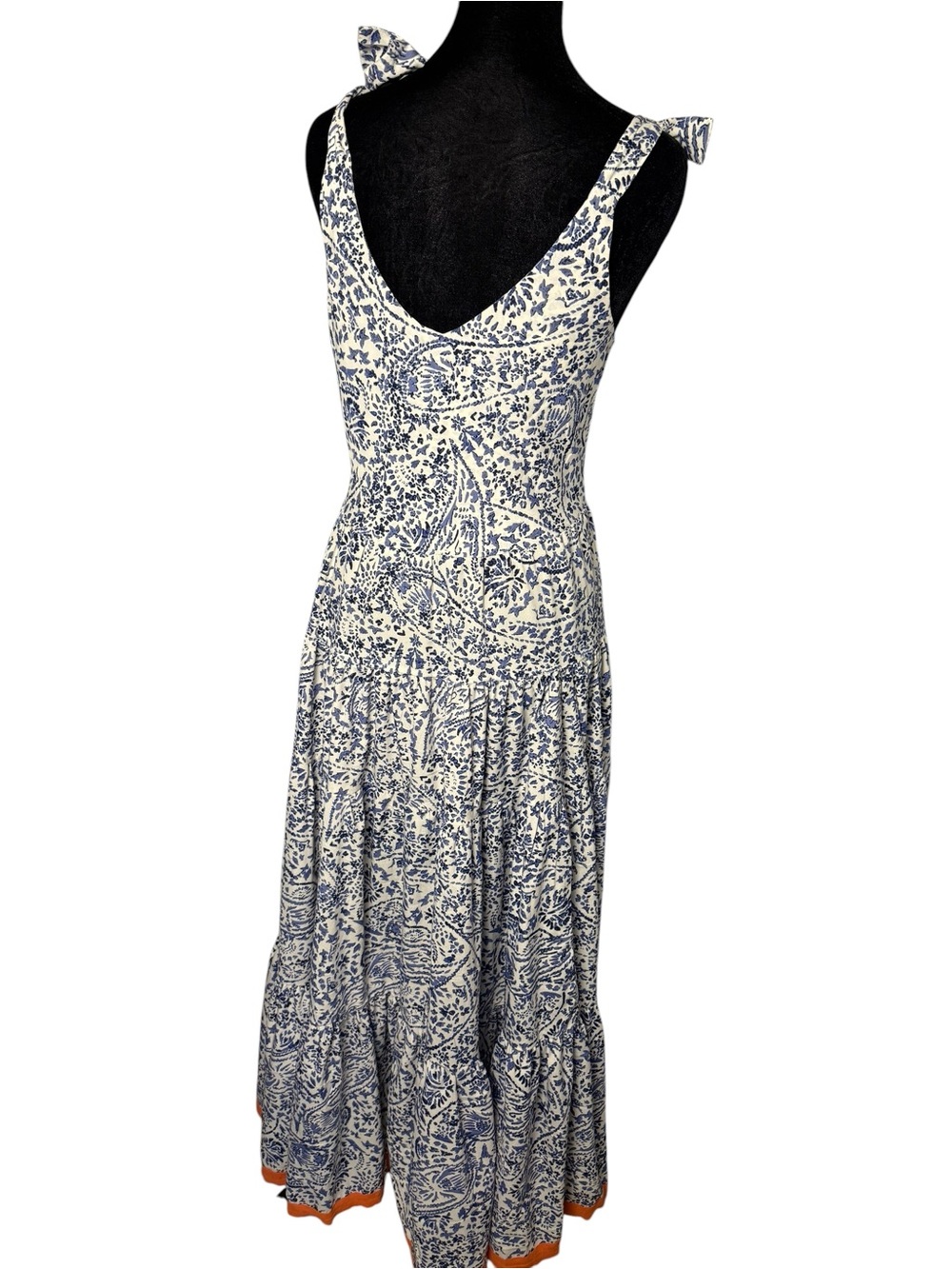 THML White Blue Paisley Sundress Adjustable Tie Shoulder Midi Dress Boho XS - Picture 2 of 10